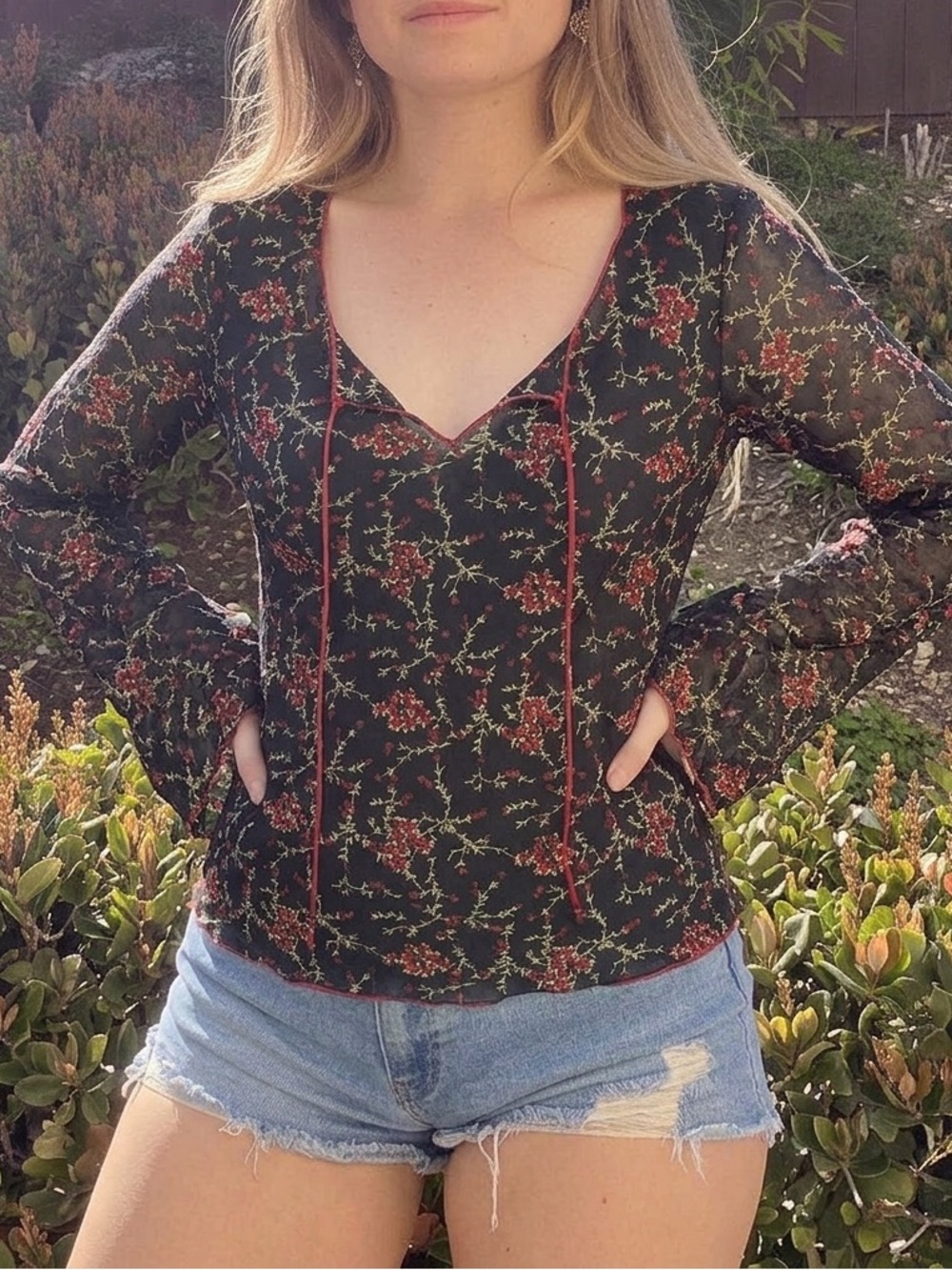 Charlotte Russe Black Floral V-Neck Tassel Tie Blouse